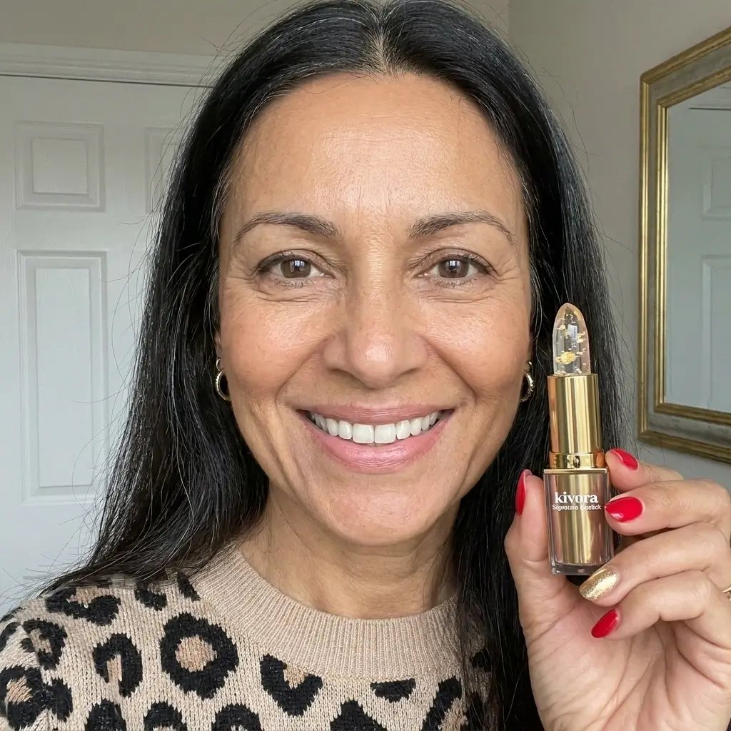 Smiling woman holding a Kivora lipstick